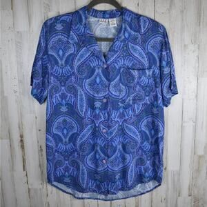 90's vintage blue paisley short sleeve button up blouse shirt top small medium